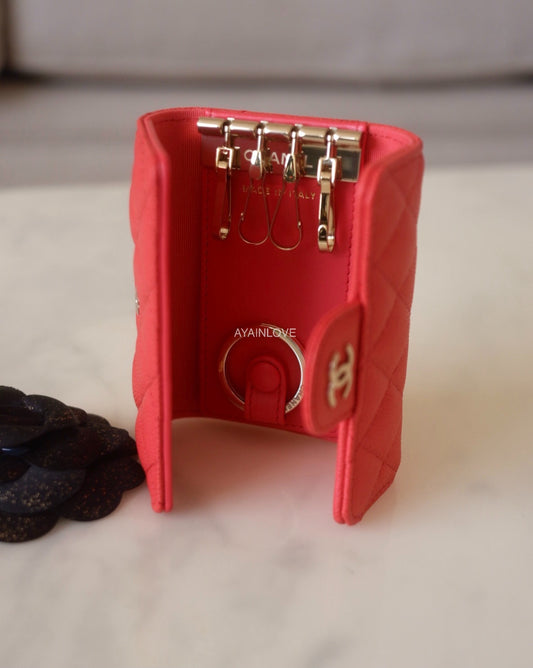 CHANEL 23C Red Caviar Key Chain Flap Card Holder Light Gold Hardware