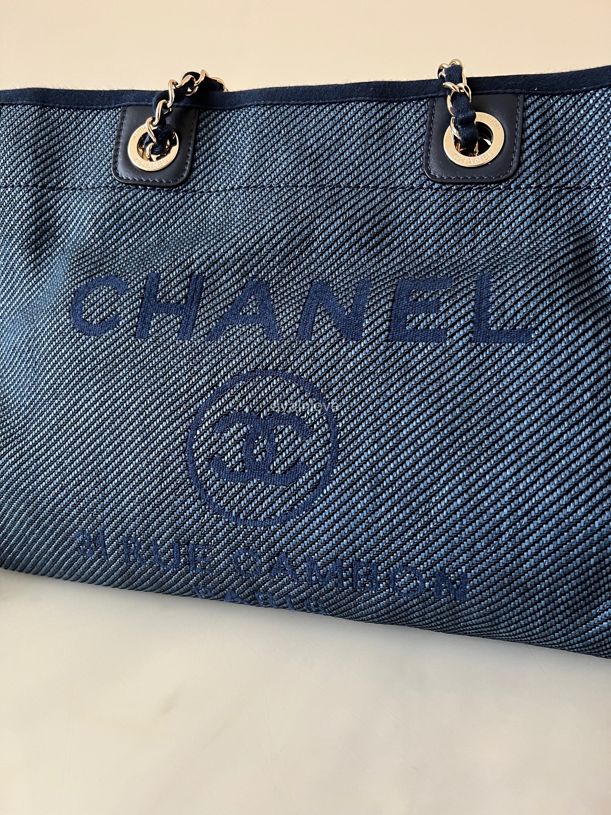 CHANEL Navy Blue Canvas Glitter Small Medium Deauville Tote Bag