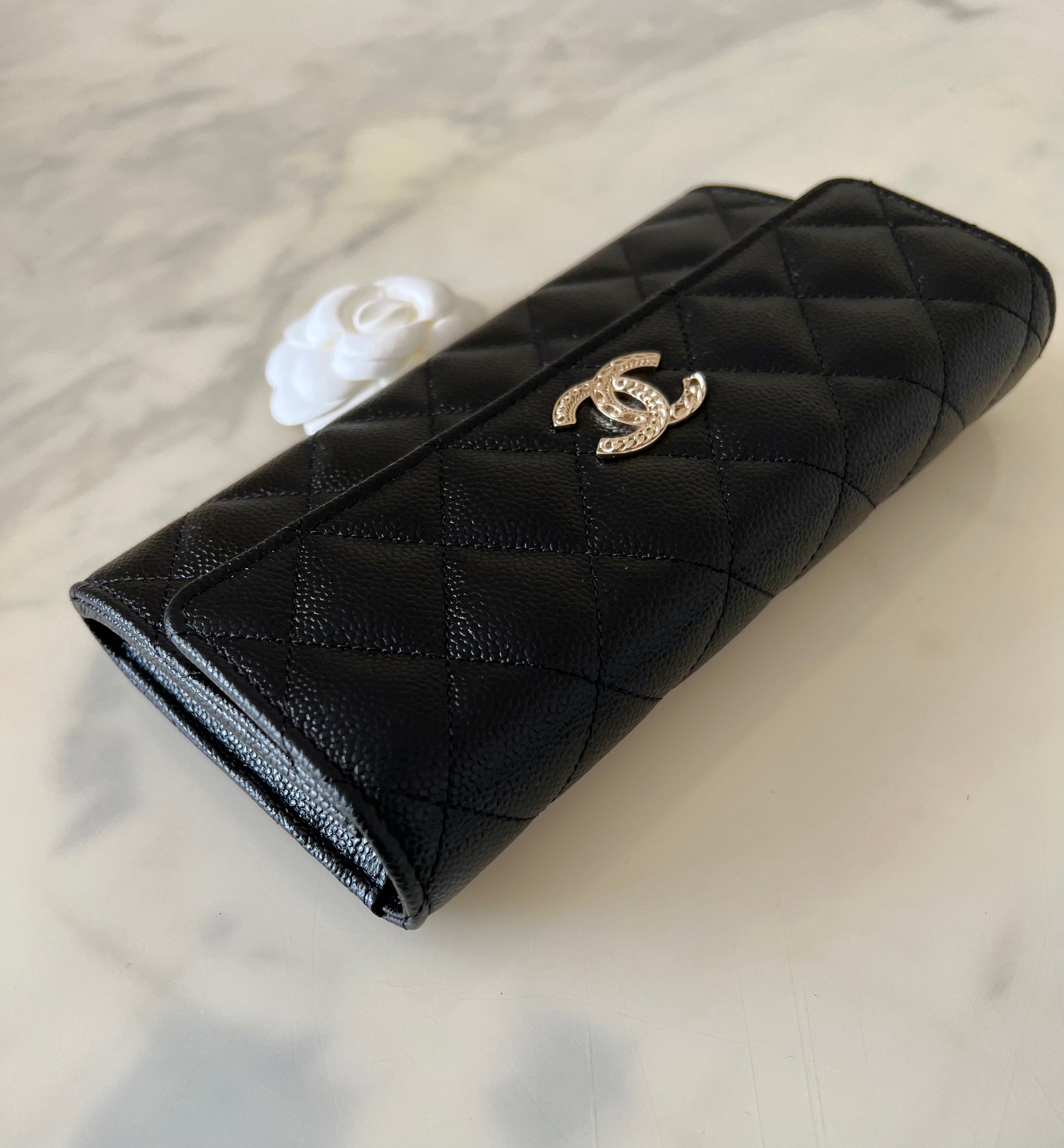 CHANEL 22K Black Caviar Long Flap Wallet Oversized CC Light Gold