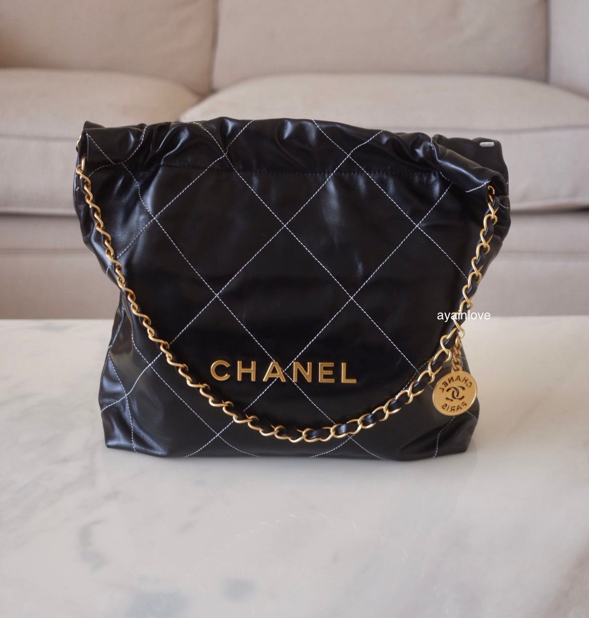 CHANEL Limited Black White Contrast Stitch Calf Skin Small 22 Bag Brus –  AYAINLOVE CURATED LUXURIES