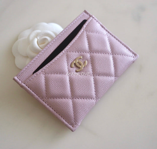 CHANEL 21S Rose Clair Lilac Pink Caviar Flat Card Holder Light Gold Hardware