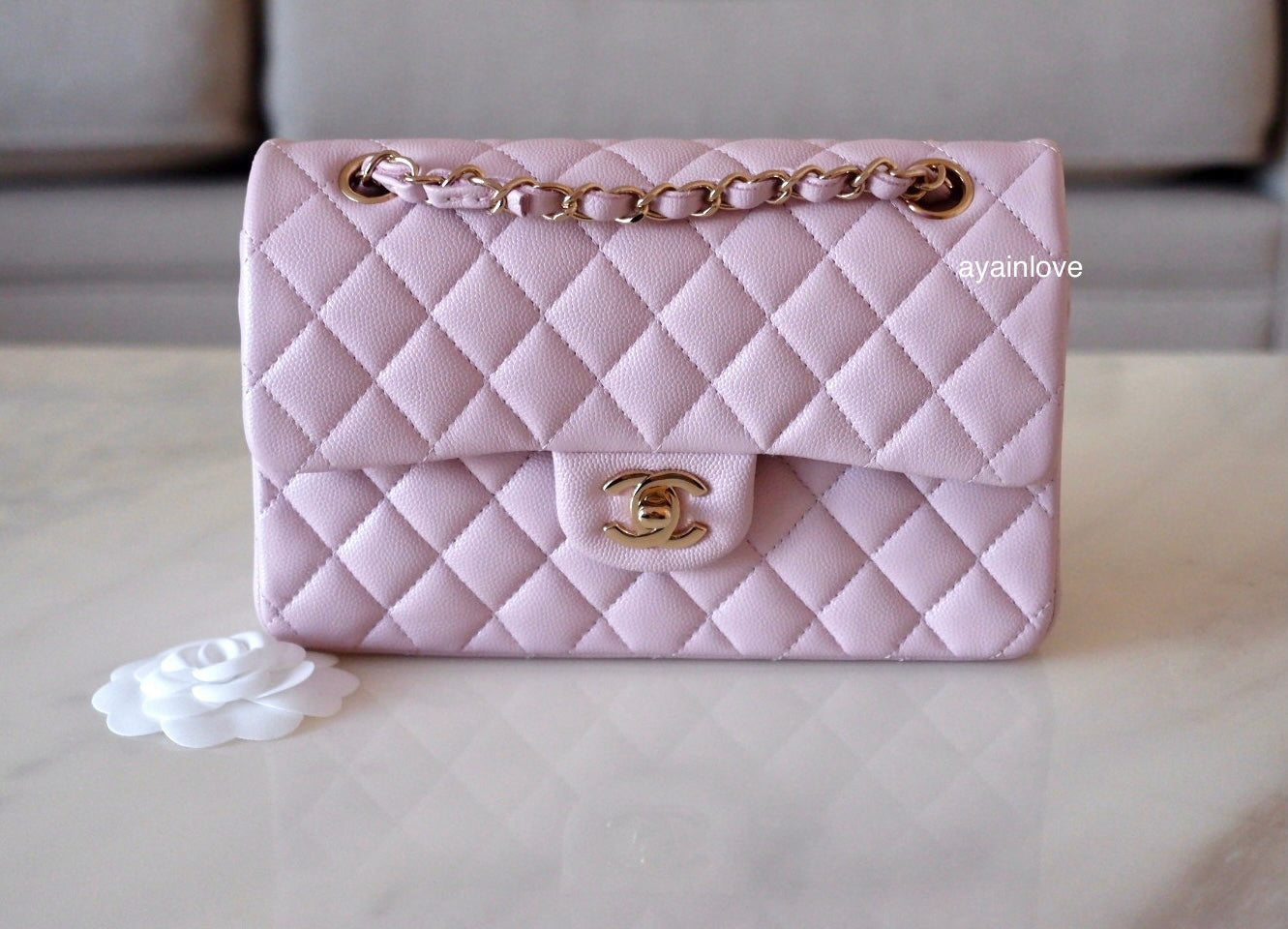 CHANEL 21S Rose Clair Lilac Pink Caviar Small Classic Flap Light Gold –  AYAINLOVE CURATED LUXURIES