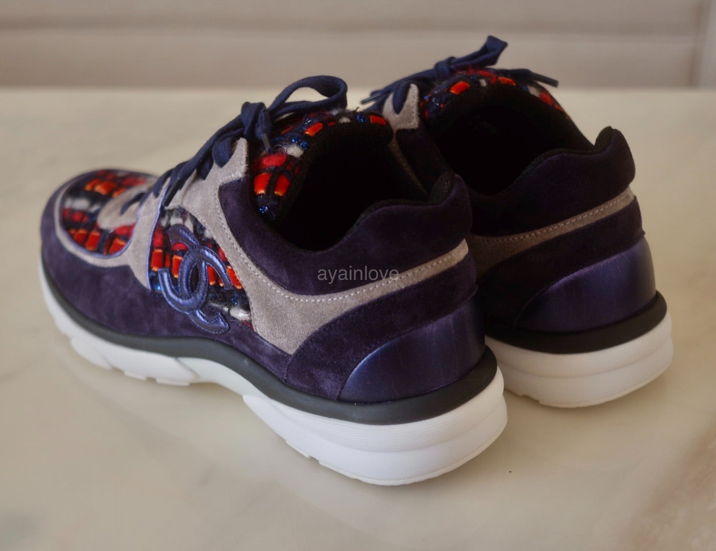 CHANEL 18A Multicolour Blue Red Tweed and Suede Calfskin Sneakers