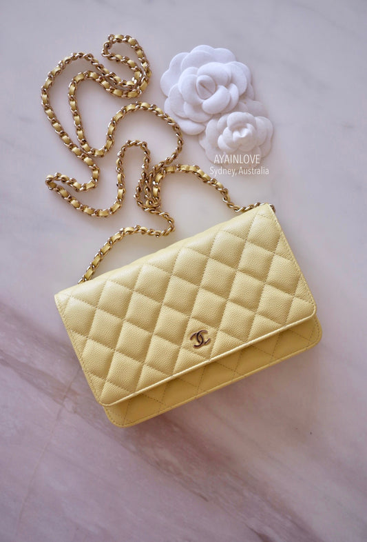 CHANEL 20S YELLOW CAVIAR CLASSIC WALLET ON CHAIN LIGHT GOLD HARDWARE *NEW*
