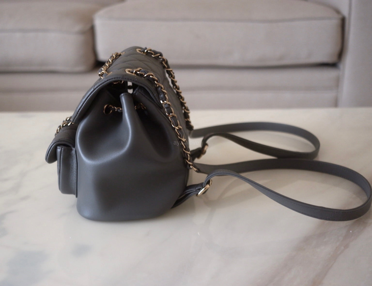CHANEL 22A Mini Duma Grey Drawstring Backpack Light Gold