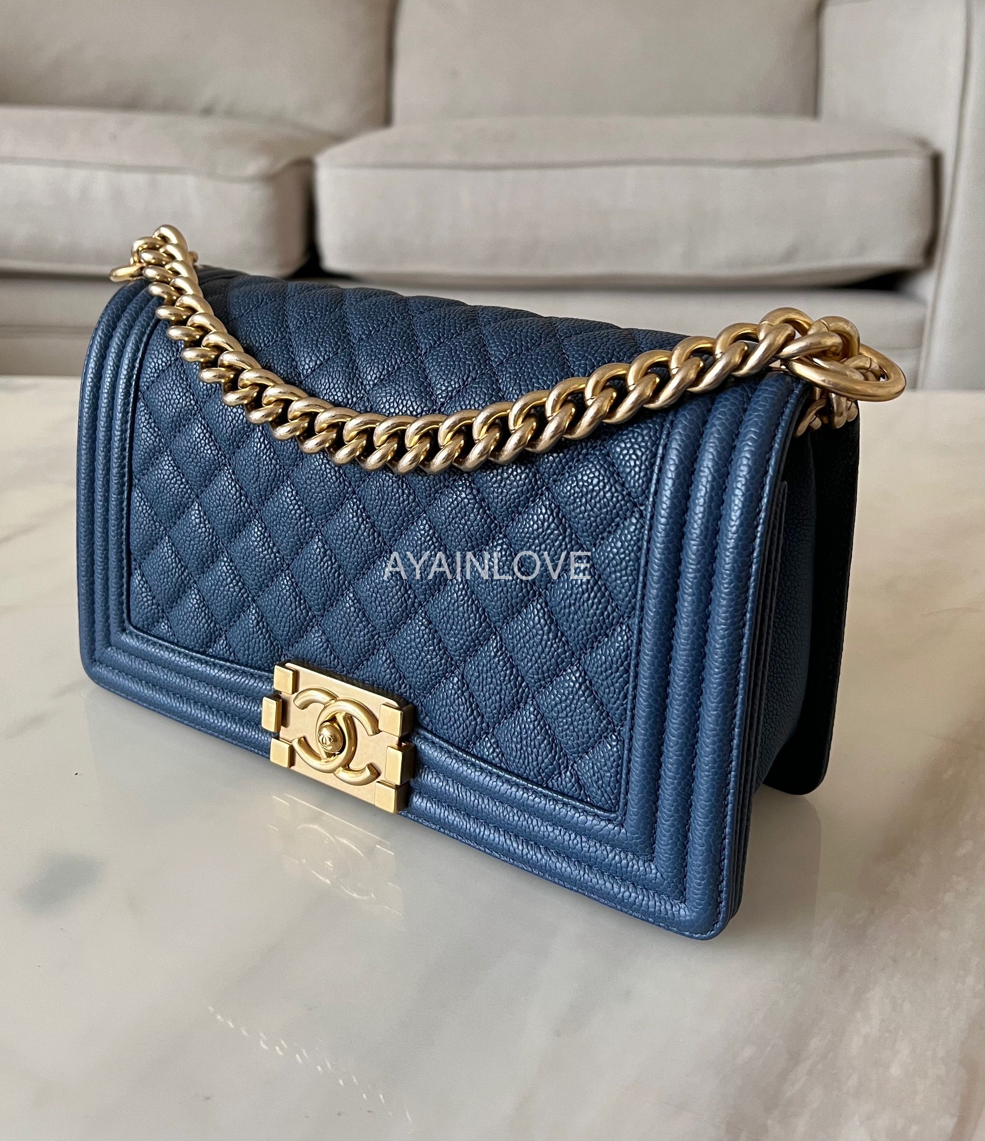 Pre-owned Chanel Small Deauville Shopping Bag Blue Caviar Antique Gold  Hardware in 2023