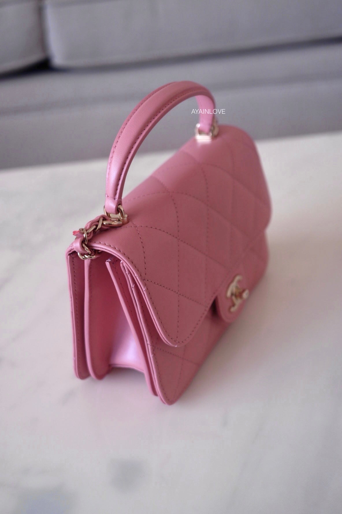 Small Trendy CC Flap Bag with Top Handle in Chevron Barbie Pink Jersey | Dearluxe