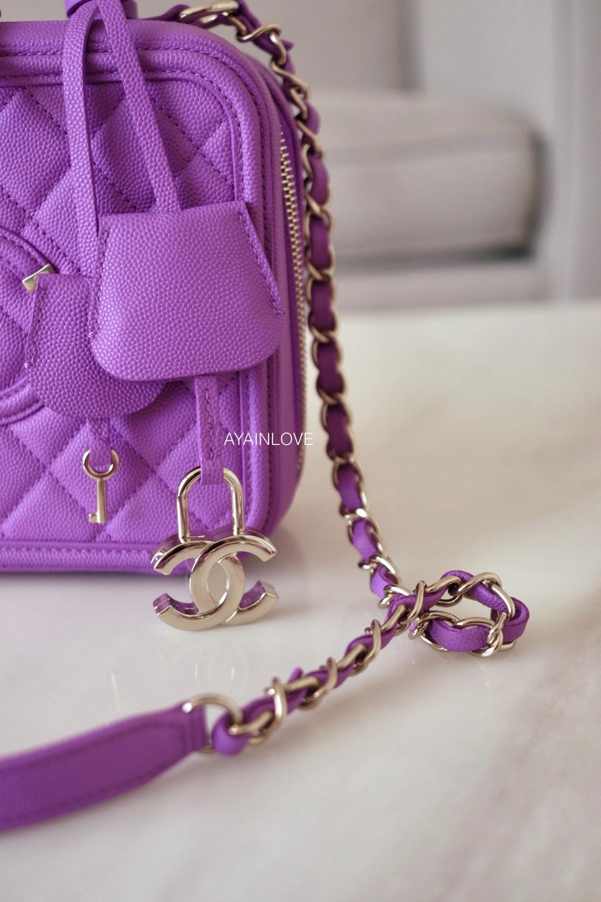 Authentic Chanel Purple Lambskin Long Vanity With Chain Gold Pearl Crush