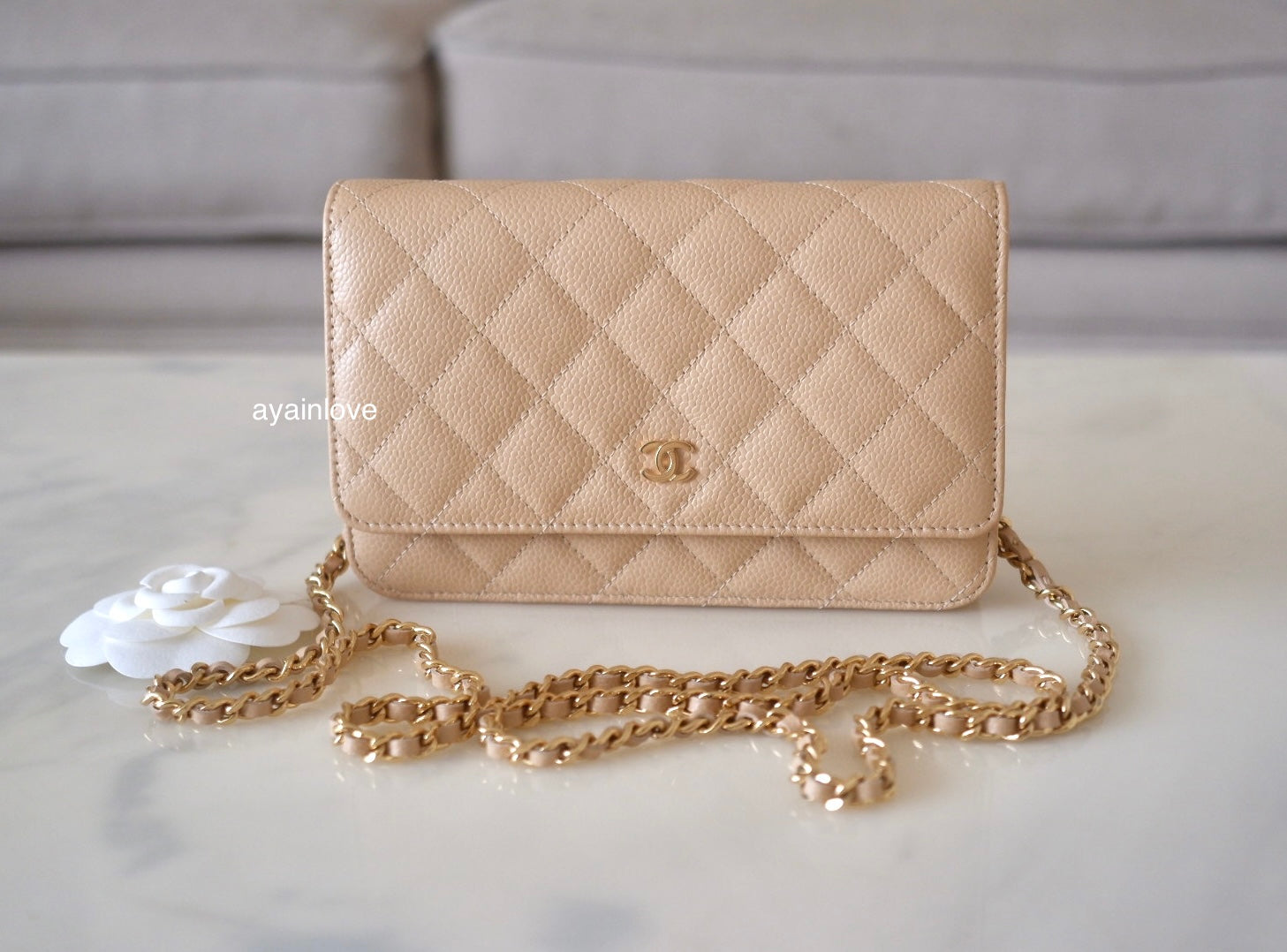 CHANEL Beige Clair Caviar Classic Wallet On Chain Microchipped