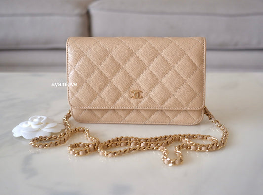 CHANEL Beige Clair Caviar Classic Wallet On Chain Microchipped Gold Hardware