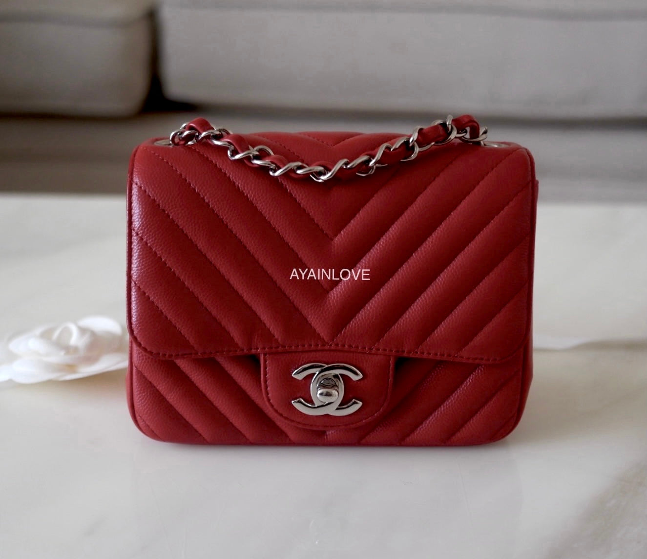 CHANEL 16S Dark Red Caviar Chevron Classic Square Mini Flap Bag Silver –  AYAINLOVE CURATED LUXURIES