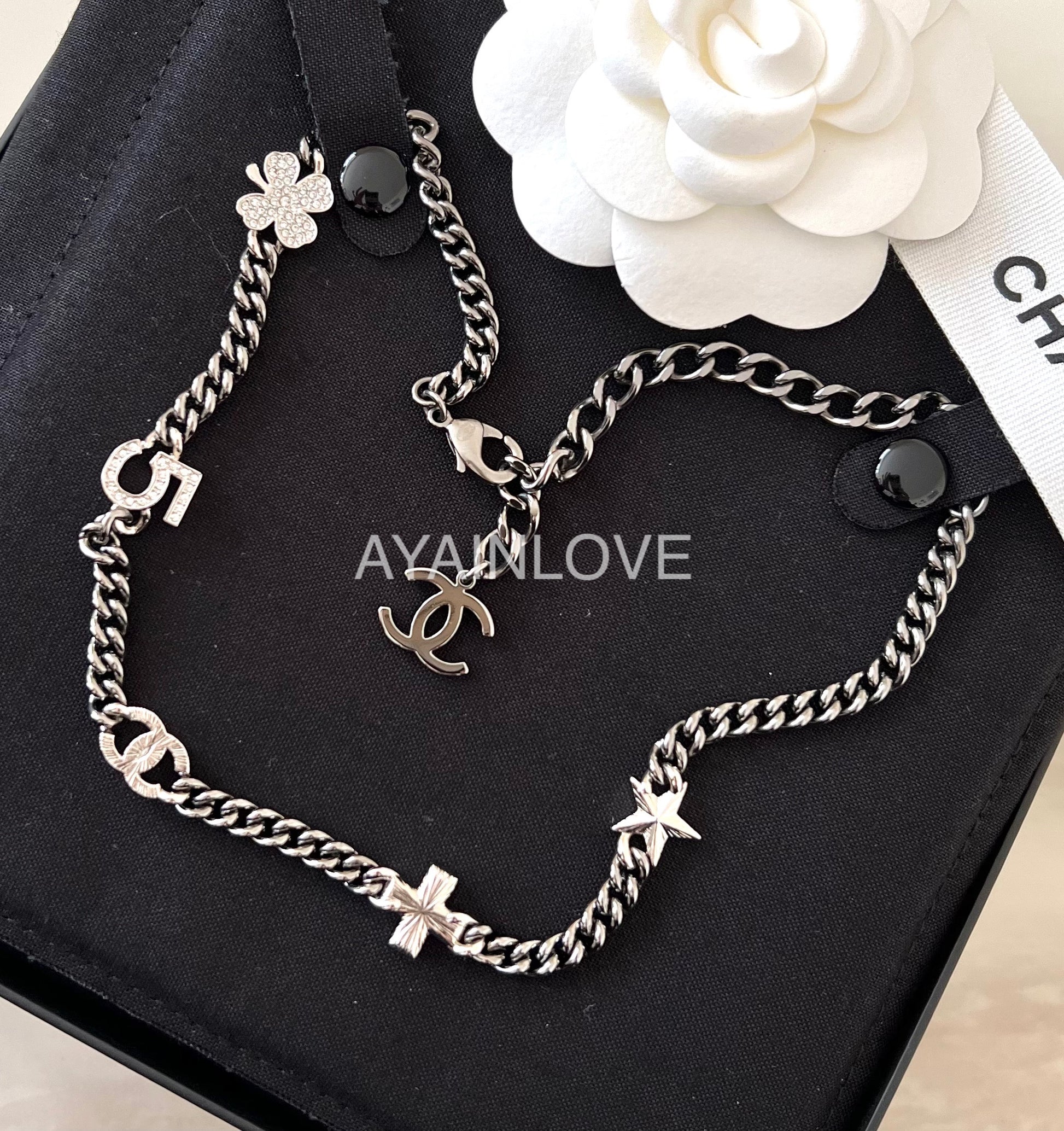 CHANEL 5 Charms Chain Necklace Shiny Ruthenium Hardware – AYAINLOVE CURATED  LUXURIES