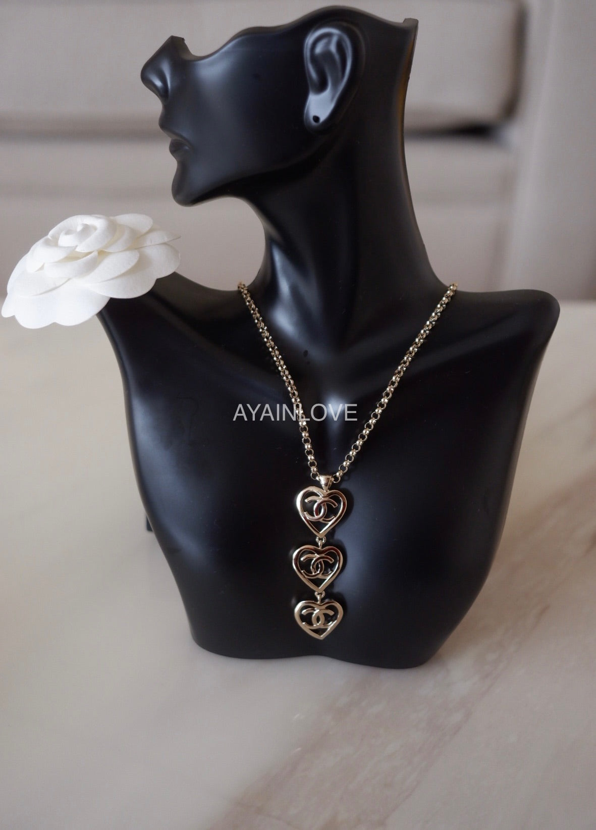CHANEL 22P Heart Black Leather Choker Necklace Light Gold Hardware