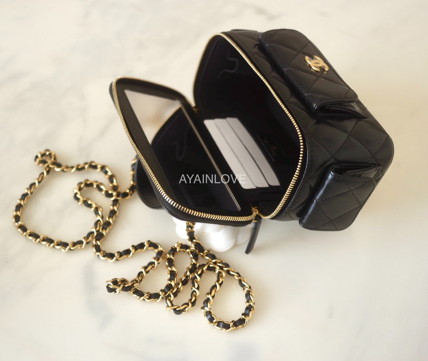 Chanel Vanity Top Handle Bag Black Lambskin Light Gold Hardware