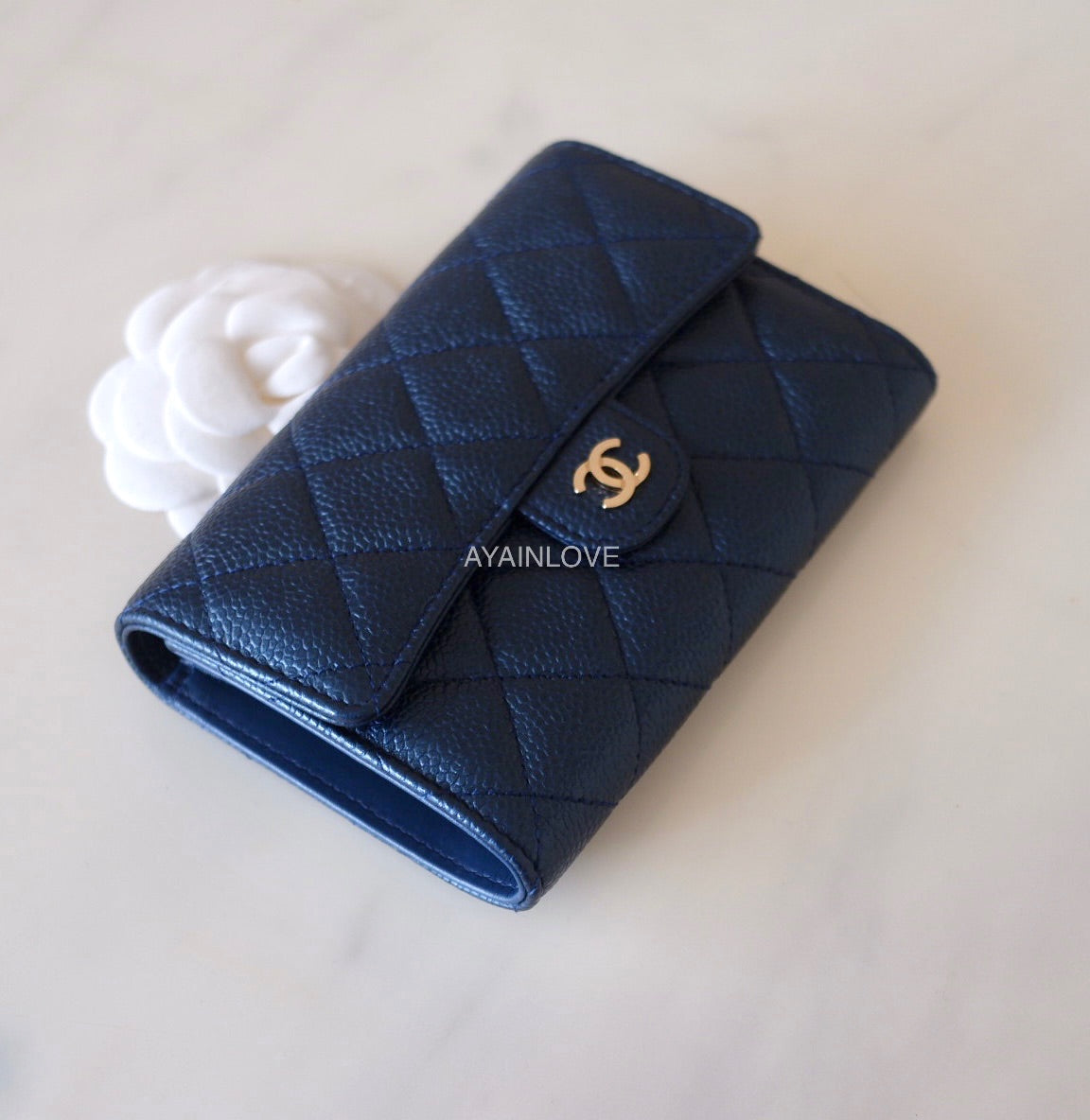 Chanel Trifold Wallet Boy Chanel Caviar Skin Gray Gold Metal