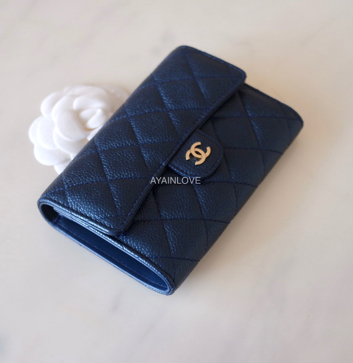 CHANEL 18S Pearly Blue Caviar Medium Trifold Wallet Light Gold