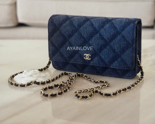 Chanel 22B Blue Denim Classic Wallet On Chain Light Gold Hardware *New*