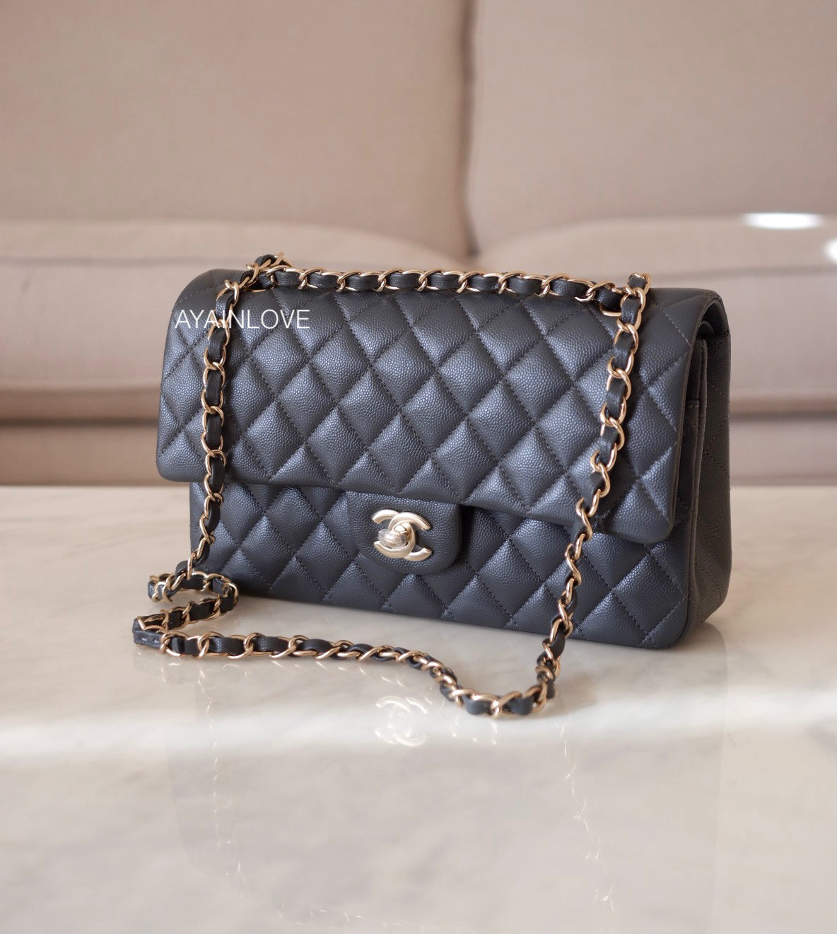 CHANEL 21B Dark Grey Medium Classic Flap Bag Light Gold Hardware
