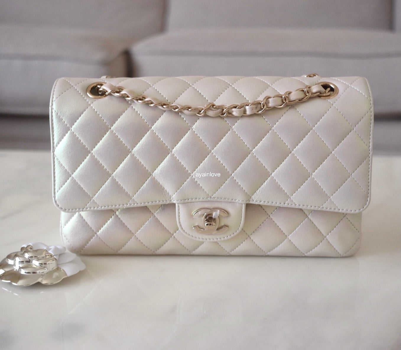 Chanel SLG Small O Case 20B Ivory Iridescent Leather, Gold Hardware, New in  Box