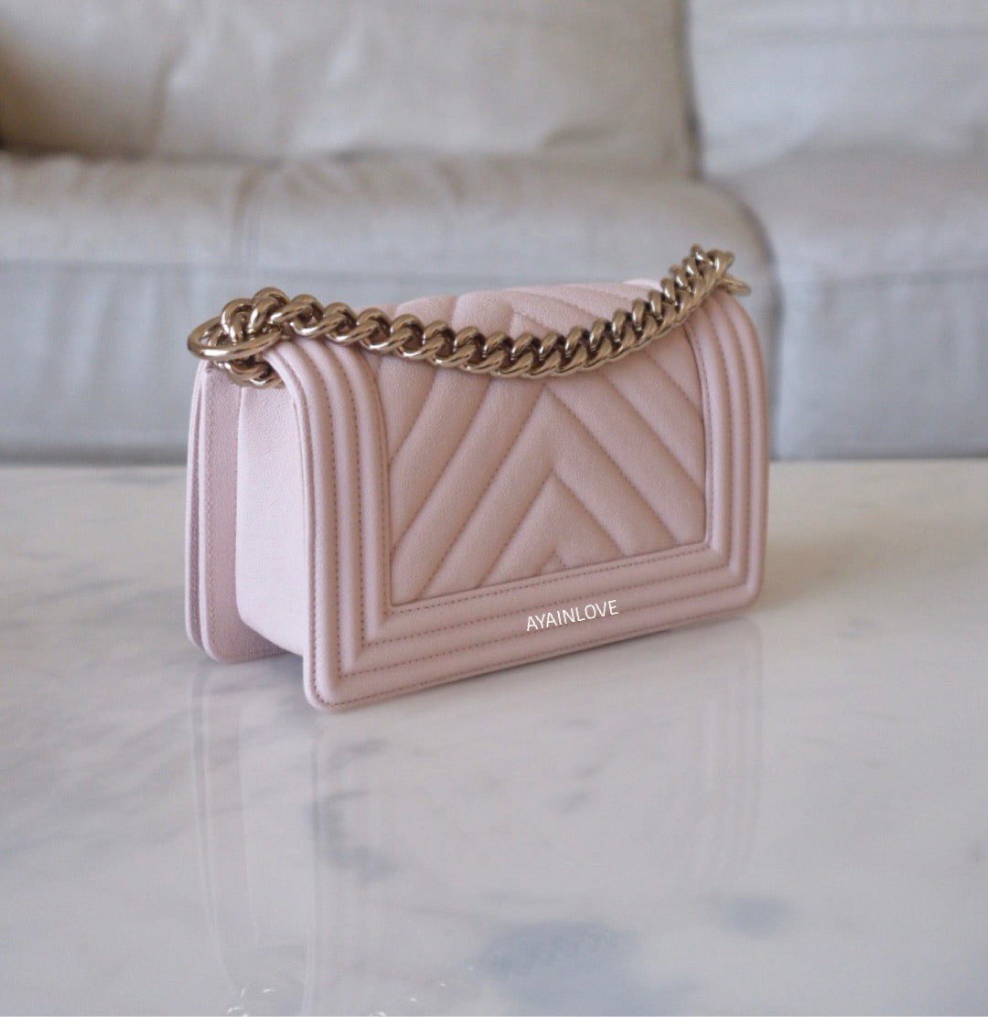CHANEL 20A Beige Pink Caviar Small Chevron Leboy Flap Bag Light Gold H –  AYAINLOVE CURATED LUXURIES